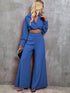 Collared Neck Long Sleeve Top and Wide Leg Pants Set